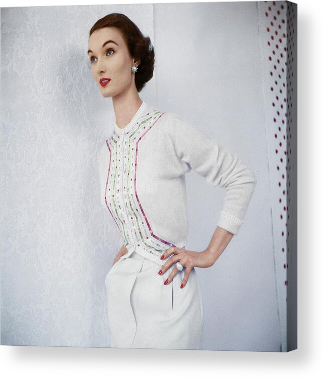 Cardigan Acrylic Print featuring the photograph Model In Evelyn Gates Cashmere by Horst P. Horst