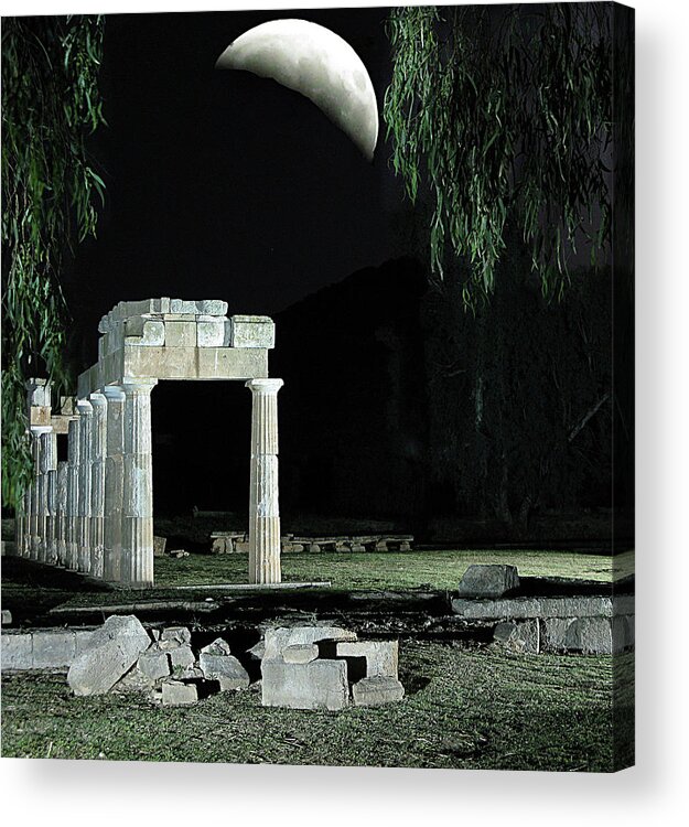 Moon Over Temple Artemis Temple Acrylic Print featuring the photograph Moon over Artemis temple #1 by Andonis Katanos
