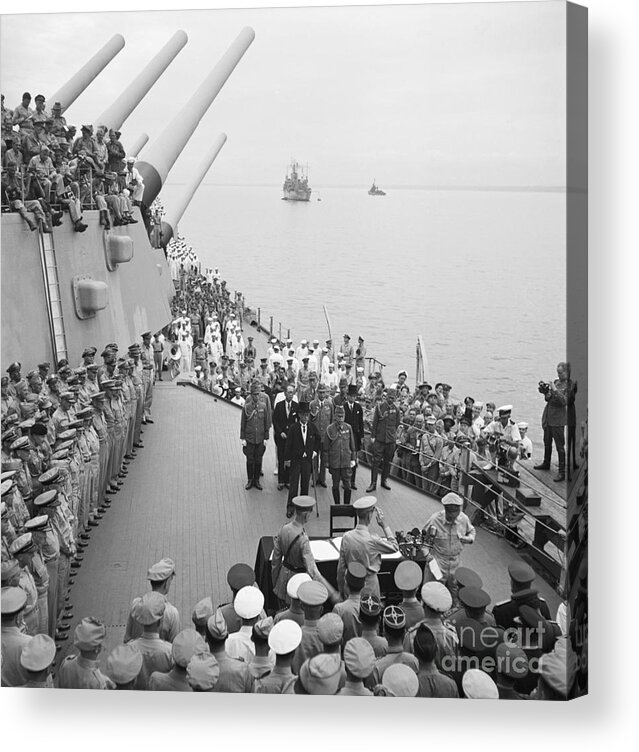 Releasing Acrylic Print featuring the photograph Officers Salute Macarthur As He Signs by Bettmann