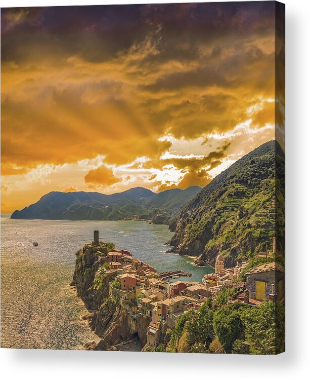 Cinque Acrylic Print featuring the photograph sunset on Vernazza by Vivida Photo PC