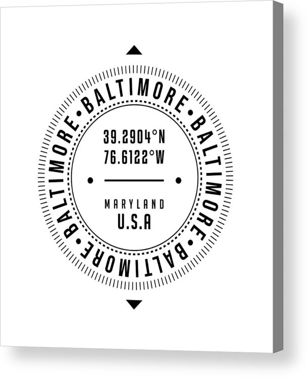 Baltimore Acrylic Print featuring the digital art Baltimore, Maryland, USA - 1 - City Coordinates Typography Print - Classic, Minimal by Studio Grafiikka