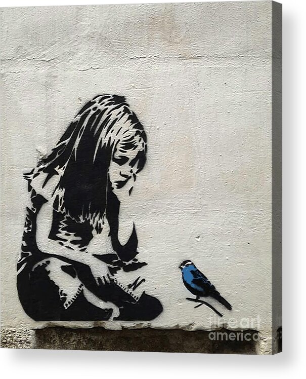 Banksy Acrylic Print featuring the mixed media Banksy Girl with Blue Bird by Banksy