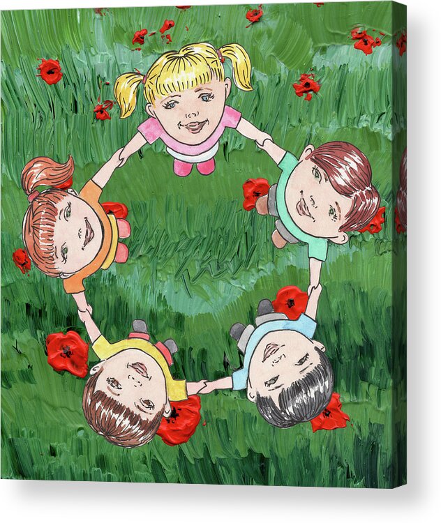 Poppy Acrylic Print featuring the painting Dancing Children On Red Poppy Field by Irina Sztukowski