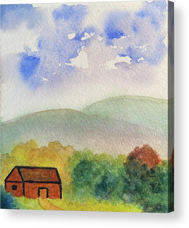 Berkshires Acrylic Print featuring the painting Home Tucked Into Hill by Anne Katzeff