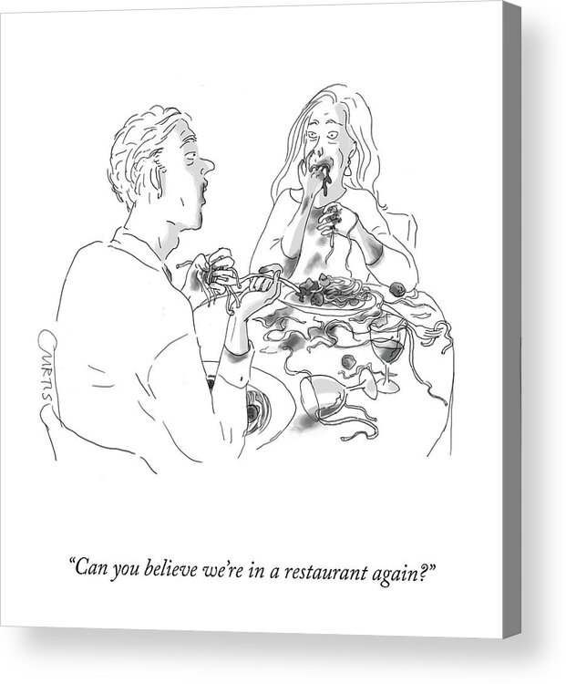 can You Believe We're In A Restaurant Again? Acrylic Print featuring the drawing In A Restaurant by Kate Curtis