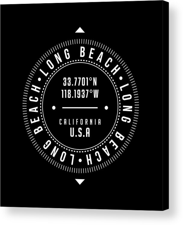 Long Beach Acrylic Print featuring the digital art Long Beach, California, USA - 2 - City Coordinates Typography Print - Classic, Minimal by Studio Grafiikka