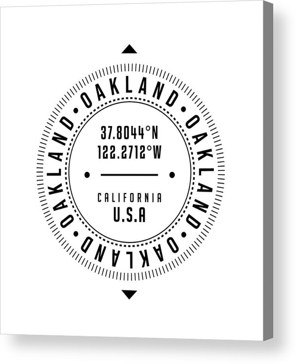 Oakland Acrylic Print featuring the digital art Oakland, California, USA - 1 - City Coordinates Typography Print - Classic, Minimal by Studio Grafiikka