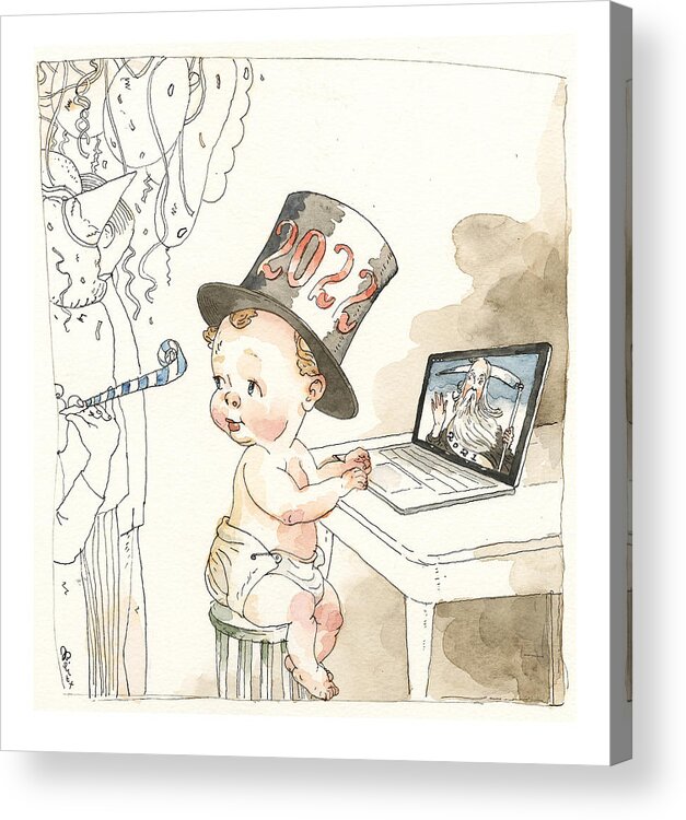 Ringing In The New Year (on Zoom) Acrylic Print featuring the painting Ringing in the New Year On Zoom by Barry Blitt