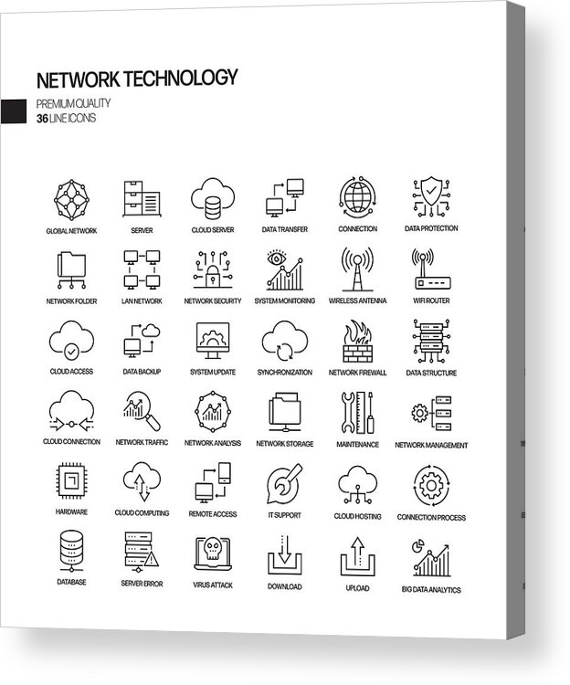 Internet Acrylic Print featuring the drawing Simple Set of Network Technology Related Vector Line Icons. Outline Symbol Collection. by Designer