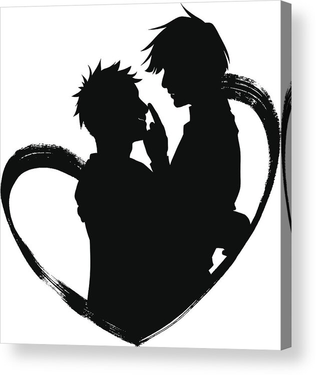 Silhouette Of Two People Hugging Inside The Heart Acrylic Print