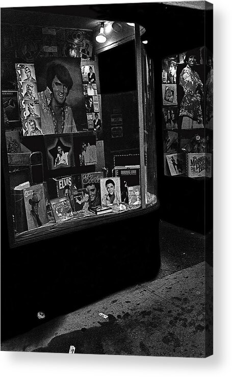 August 16 1977 Night Of Elvis Presley's Death Recordland Portland Maine Music Store Art Deco Facade Black And White Acrylic Print featuring the photograph Window display night of Elvis Presley's death Recordland Portland Maine 1977 #2 by David Lee Guss