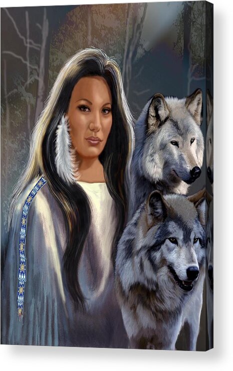 Native American Maiden With Wolves Print Acrylic Print featuring the painting Native American Maiden with Wolves by Regina Femrite