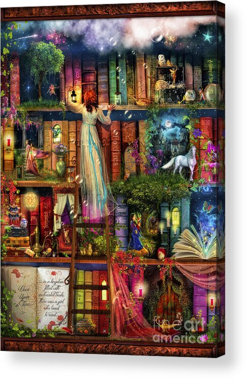 Aimee Stewart Acrylic Print featuring the digital art Treasure Hunt Book Shelf by MGL Meiklejohn Graphics Licensing