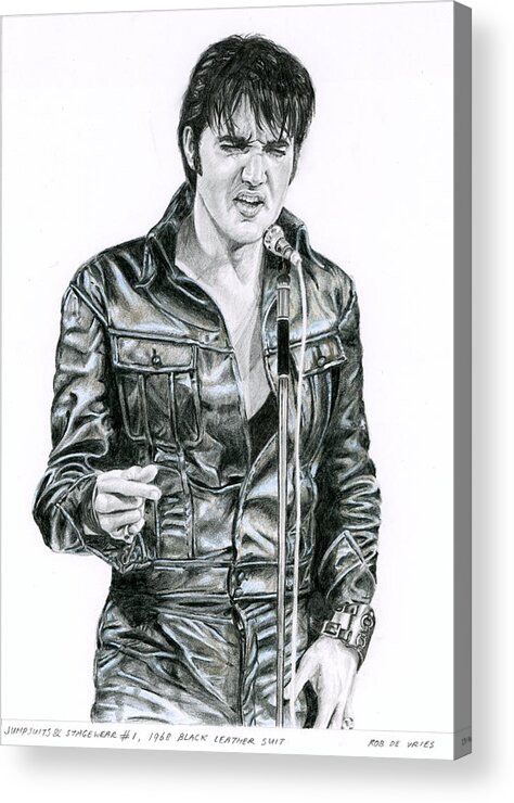 Elvis Acrylic Print featuring the drawing 1968 Black Leather suit by Rob De Vries