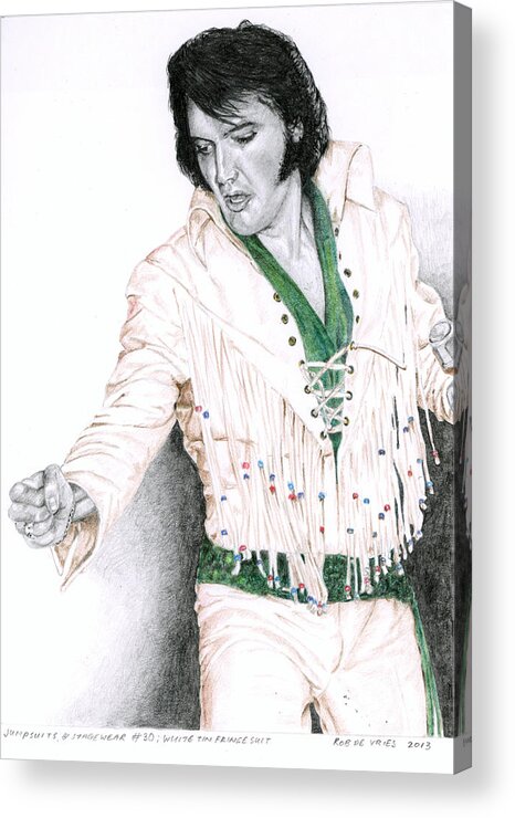 Elvis Acrylic Print featuring the drawing 1970 White Thin Fringe Suit by Rob De Vries