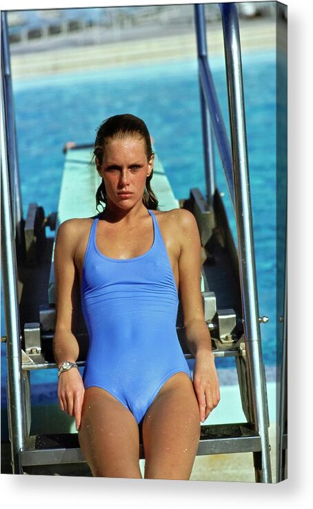 Swimwear Acrylic Print featuring the photograph Patti Hansen Wearing A Blue Swimsuit #2 by Arthur Elgort