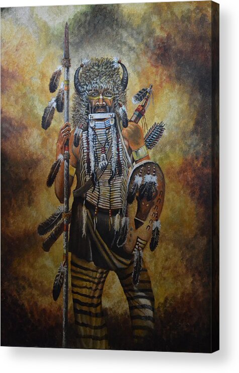 A Portrait Of Two Crows A Cheyenne Warrior Who Fought Against The 7th Cavalary. He Is Wearing His Buffalo Hat And Has Is Spear Acrylic Print featuring the painting Two Crows by Martin Schmidt