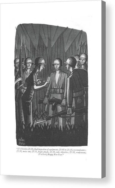112379 Par Peter Arno Sergeant To Men. Allies Armed Army Axis Battle Celebrate Celebrates Celebration Corps Forces General Holiday Holidays Marine Marines Men Military Navy Sergeant Soldier Soldiers Two War Wartime World Wwii Acrylic Print featuring the drawing 23 O'clock To 23:05 by Peter Arno