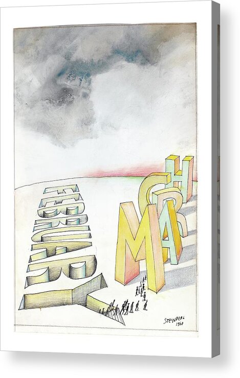 120545 Sst Saul Steinberg 
(ladscape With February Carved In Ground With People Climbing Up Stairs Acrylic Print featuring the drawing February To March by Saul Steinberg