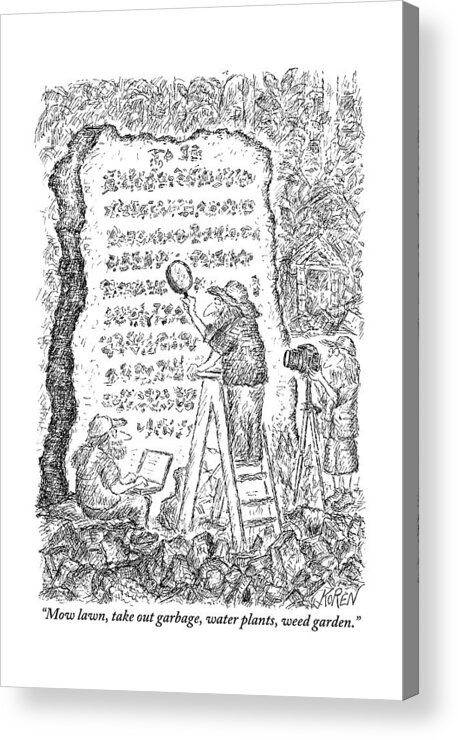 Archeologists Acrylic Print featuring the drawing A Group Of Archaeologists Decipher A Large by Edward Koren