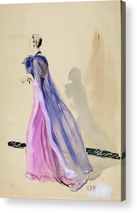 Fashion Acrylic Print featuring the digital art A Model Wearing A Blue Cape And Pink Chiffon by Rene Bouet-Willaumez