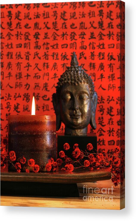 Art Acrylic Print featuring the photograph Asian candle with red orential background by Sandra Cunningham