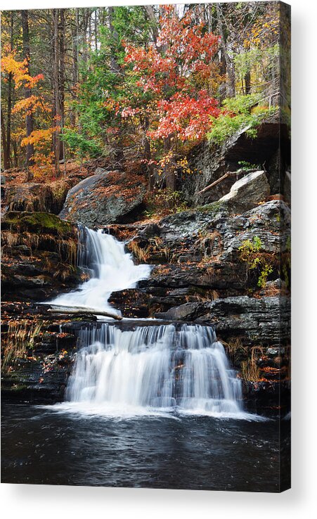 Autumn Acrylic Print featuring the photograph Autumn Waterfall in mountain by Songquan Deng