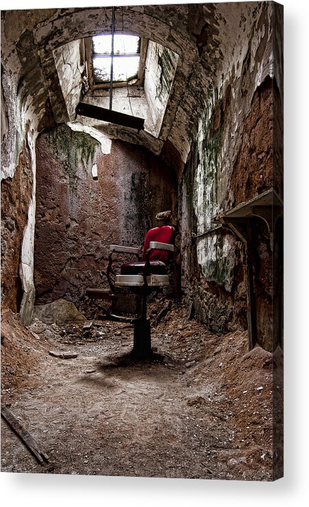 Eastern State Penitentiary Acrylic Print featuring the photograph Barber Chair 2 by Michael Dorn