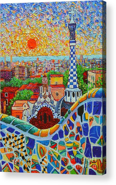 Barcelona Acrylic Print featuring the painting Barcelona Sunrise - Guell Park - Gaudi Tower by Ana Maria Edulescu