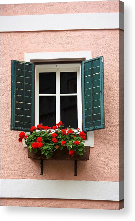 Austria Acrylic Print featuring the photograph Beautiful window with flower box and shutters by Sue Leonard