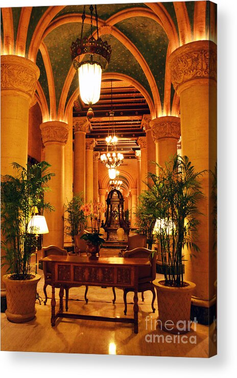 Travelpixpro South Florida Acrylic Print featuring the photograph Biltmore Hotel Vintage Lobby Coral Gables Miami Florida Arches and Columns by Shawn O'Brien