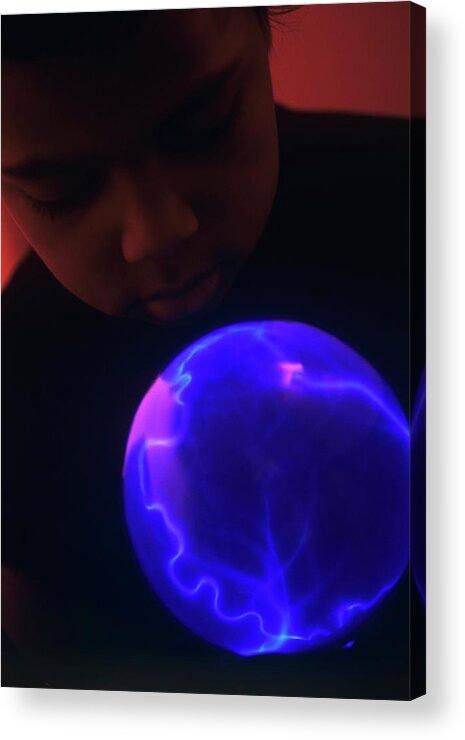 Human Acrylic Print featuring the photograph Boy Watching A Plasma Globe by David Hay Jones/science Photo Library