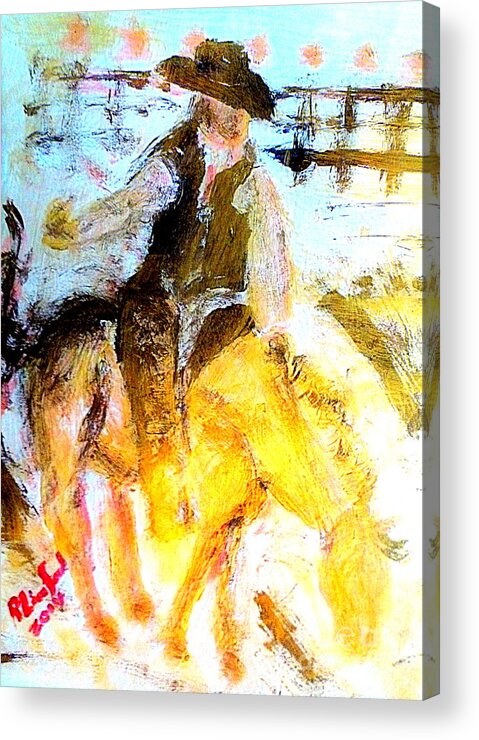 Bronc Riding Acrylic Print featuring the painting Bronc Riding Riverton Utah Rodeo by Richard W Linford