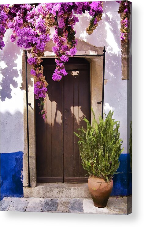 Blue Acrylic Print featuring the photograph Brown Wood Door of the Medieval Village of Obidos by David Letts