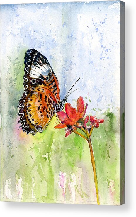 Butterfly Acrylic Print featuring the painting Butterfly with Red Flower by John D Benson