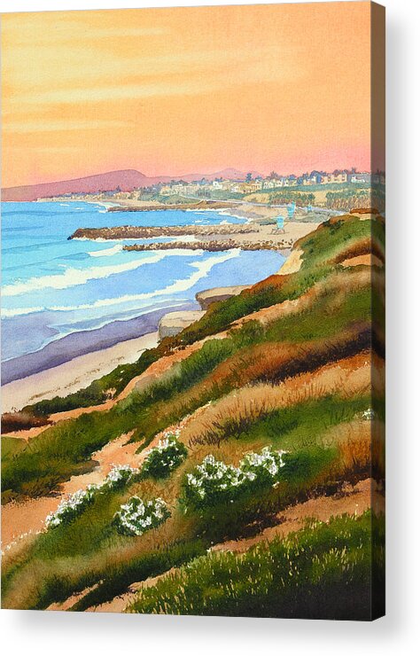 Carlsbad California Acrylic Print featuring the painting Carlsbad Coastline by Mary Helmreich