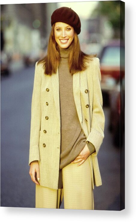 Fashion Acrylic Print featuring the photograph Christy Turlington Wearing A Brown Coat by Arthur Elgort