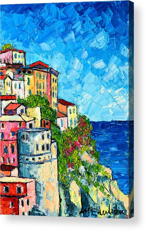Manarola Acrylic Print featuring the painting Cinque Terre Italy Manarola Painting Detail 3 by Ana Maria Edulescu