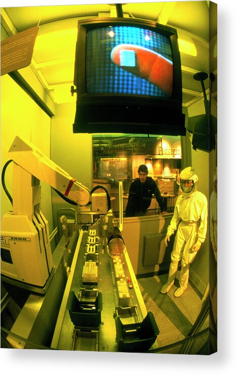 Chip Acrylic Print featuring the photograph Clean Room Exhibit In Computer Museum by Peter Menzel/science Photo Library