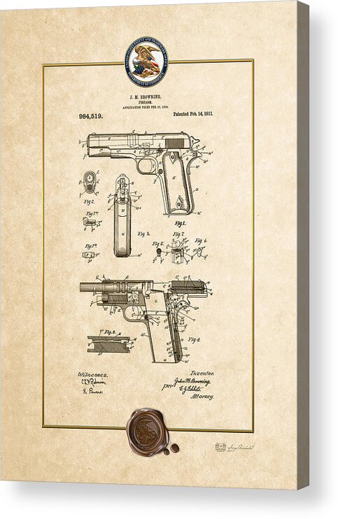 C7 Vintage Patents Weapons And Firearms Acrylic Print featuring the digital art Colt 1911 by John M. Browning - Vintage Patent Document by Serge Averbukh