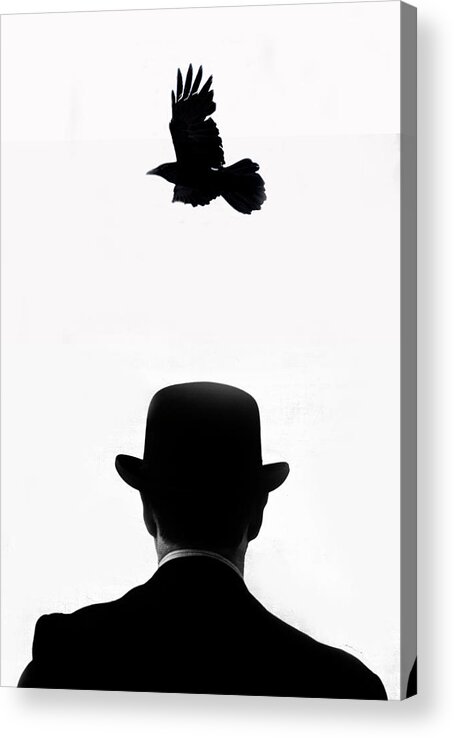 Mature Adult Acrylic Print featuring the photograph Crow Flying Over Man by Grant Faint