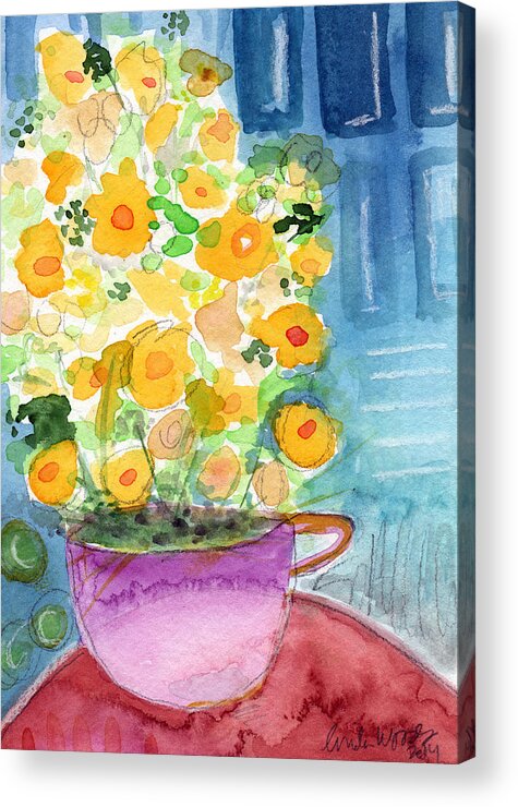 Flowers Acrylic Print featuring the painting Cup of Yellow Flowers- abstract floral painting by Linda Woods