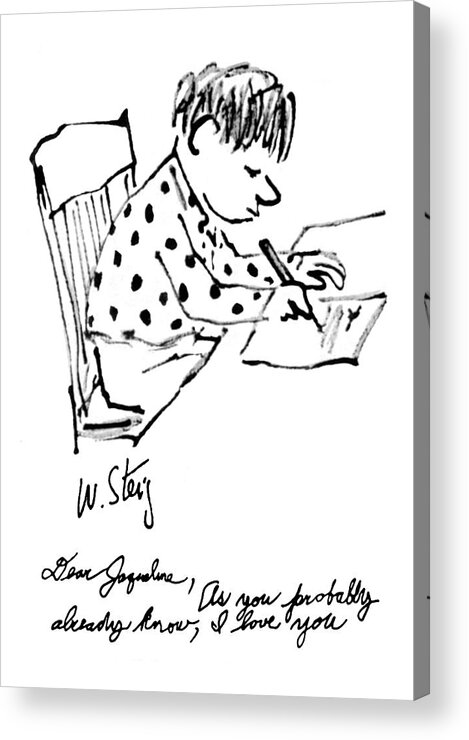 Little Boy Sits Writing A Letter. The Caption Is In A Scrawly Handwriting. Acrylic Print featuring the drawing Dear Jaqueline by William Steig