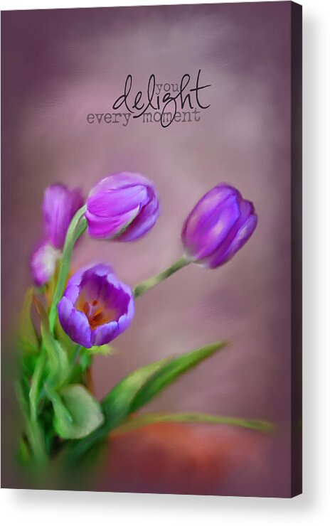 Purple Tulips. Flowers. Green Stems. Green Leaves. Nature. Photography. Print. Painting. Fine Art. Digital Art. Digital Painting. Texture. Canvas. Word Art. Poster. Greeting Card. Mother's Day Greeting Card. Happy Birthday Greeting Card. Acrylic Print featuring the painting Delightful Tulips by Mary Timman