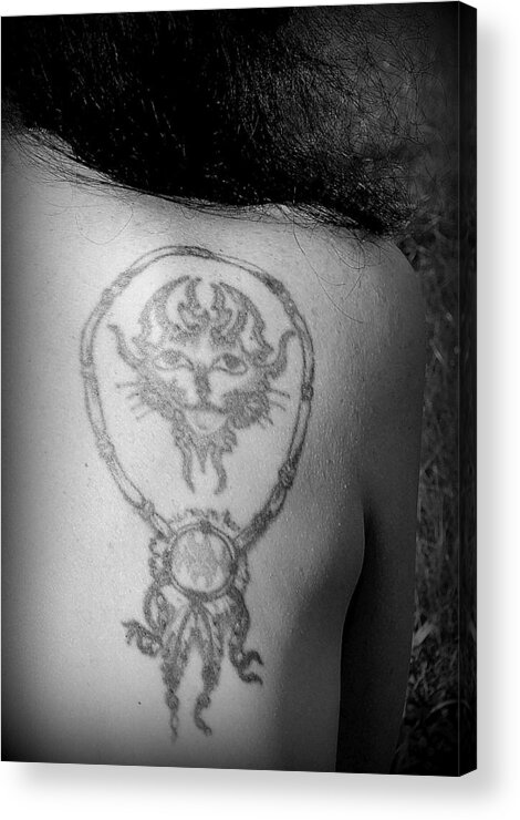 Dreamcatcher Tattoo Cat Woman Acrylic Print featuring the photograph DreamCATcher by Guy Pettingell