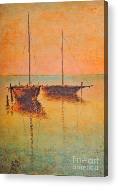 Ship Acrylic Print featuring the painting Evening boats by Martin Capek