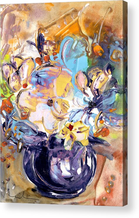 Bouquet Acrylic Print featuring the painting Fantasy Flowers In A Violet Vase by Miki De Goodaboom