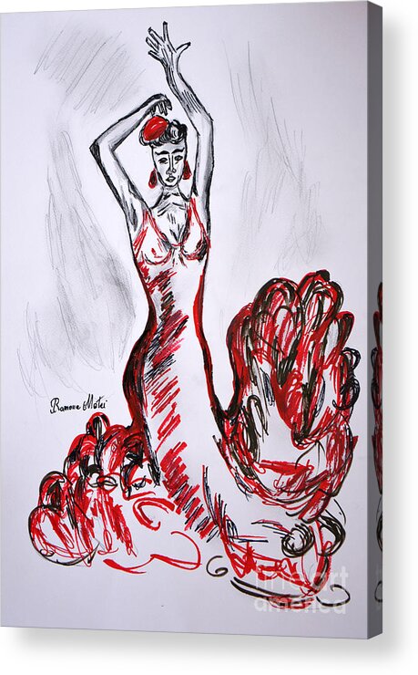 Flamenco Acrylic Print featuring the drawing Red Flamenco by Ramona Matei