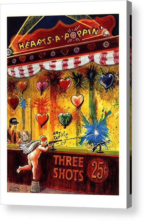 Hearts-a-poppin'
(cupid Blasts Away With A Gun At An Amusement Park Shooting Gallery Acrylic Print featuring the drawing Hearts-a-poppin' by Justin Gree