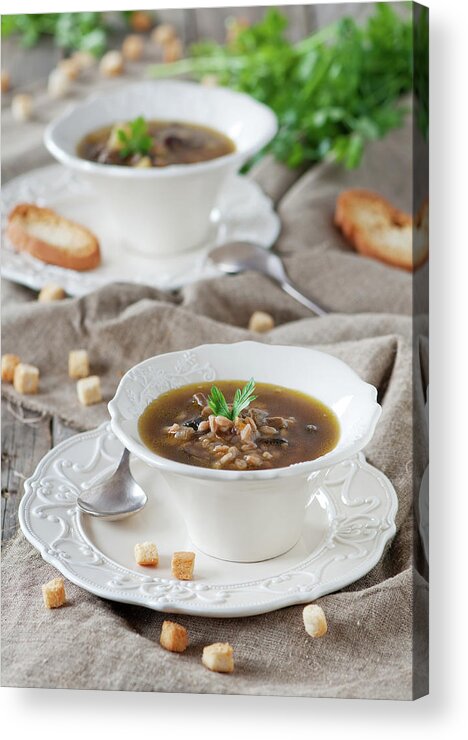 Edible Mushroom Acrylic Print featuring the photograph Hot Soup With Musroom by Oxana Denezhkina